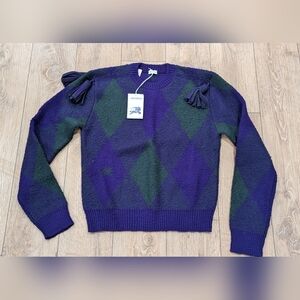 $1850 Mens Burberry Diamond Wool Tasseled Crewneck Sweater Purple/Green Medium